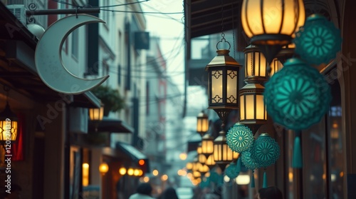 Old street lamp with Christmas lights in the city