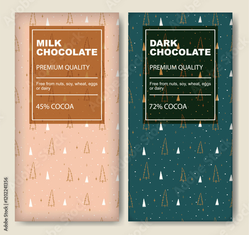 The original finest chocolate package design. Retro pattern chocolate bar design label set. Christmas typography