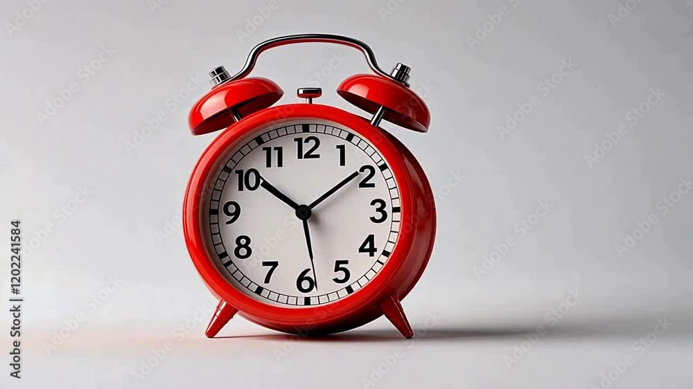A red alarm clock displaying time on a light background.
