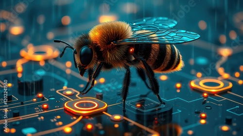 A close-up of an electronic circuit board resembling a bee with a processor as its body amidst a nature-inspired setting