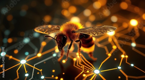 Christmas tree lights glowing in the dark with a bee flying near a flower in a garden, showcasing nature with close-up details of the insect's wings and pollen