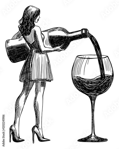 woman pours wine from large bottle into glass isolated hand drawn sketch illustration poster card design