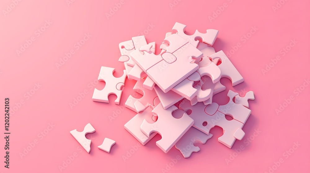 3D Jigsaw Puzzle Pieces on Pink Background, Representing Problem-Solving and Business Concept, Strategic Solutions, and Teamwork. 3D Jigsaw Puzzle Pieces on Pink Background, Representing Problem-Solving and Business Concept, Strategic Solutions, and Teamwork.
