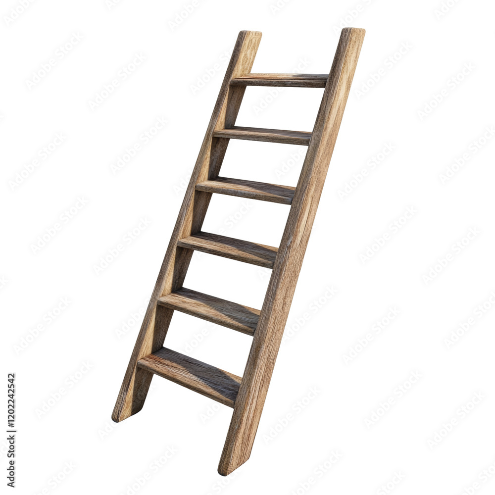 A seven-rung wooden ladder is presented at an angle against a stark white background, casting a subtle shadow. A seven-rung wooden ladder is presented at an angle against a stark white background, casting a subtle shadow.