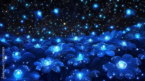 Enchanting field of glowing blue flowers.