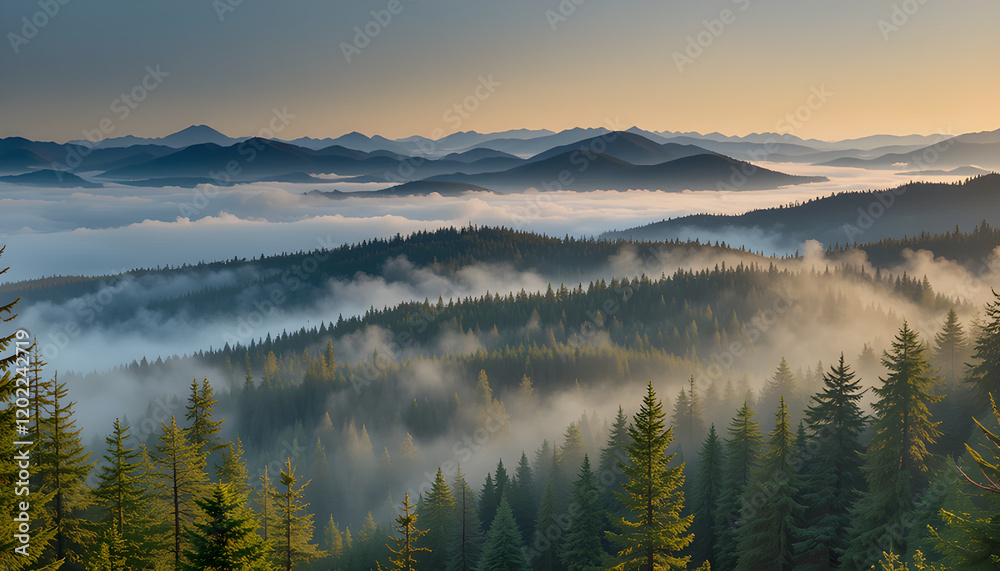 Fototapeta premium Morning light illuminates a misty valley surrounded by evergreen trees in a mountainous landscape