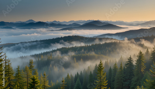 Morning light illuminates a misty valley surrounded by evergreen trees in a mountainous landscape