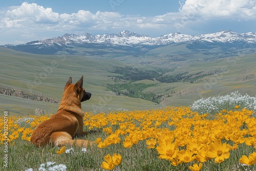 Golden Dog Gazes Across Mountain Valley Wildflowers photo