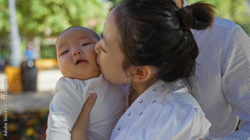 Fototapeta premium Woman kissing baby boy outdoors with love in urban park, capturing family bond and tenderness of mother and son in city environment on a sunny day.