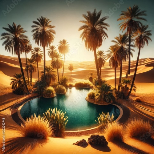 A lush oasis with a shimmering pool of water surrounded by palm trees in the heart of a vast, golden desert under a clear blue sky photo