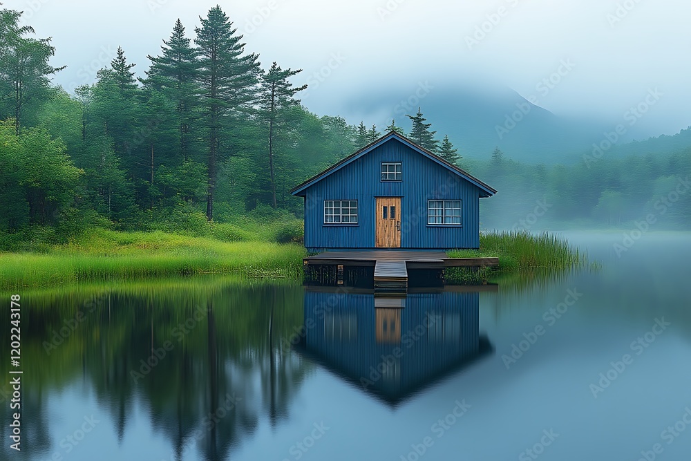 Serene blue lake house reflected in calm water, misty forest. Serene blue lake house reflected in calm water, misty forest.