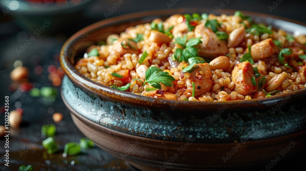 Pilaf with Chicken and Peanuts in a Rustic Bowl Pilaf with Chicken and Peanuts in a Rustic Bowl