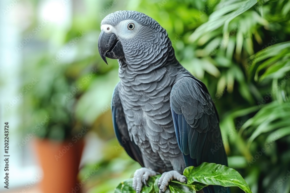 Fototapeta premium Grey Parrot Perched Among Lush Green Foliage