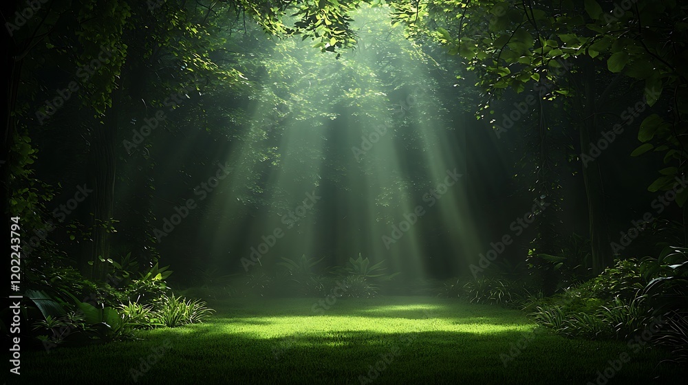 Fototapeta premium Serene forest scene with sunlight filtering through trees, illuminating lush greenery and tranquility