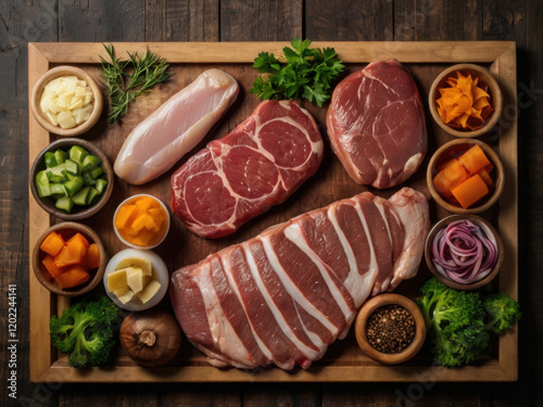 Vista superior de una tabla de madera con diferentes tipos de carne cruda
