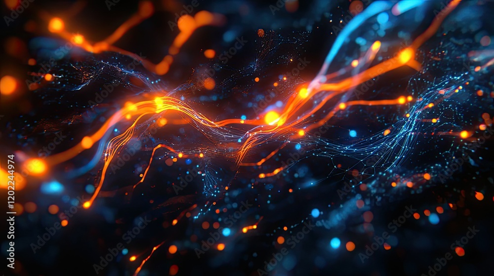 Obraz premium A digital network visualization with interconnected hexagonal nodes and icons,