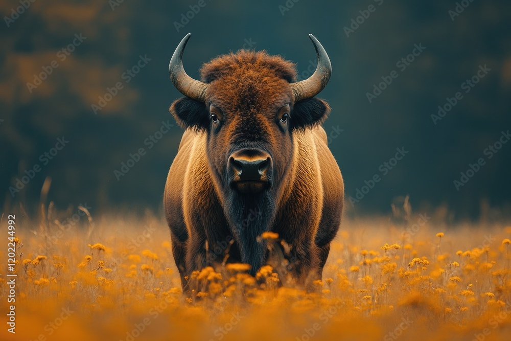 Naklejka premium Majestic European Bison Stands in Autumnal Field