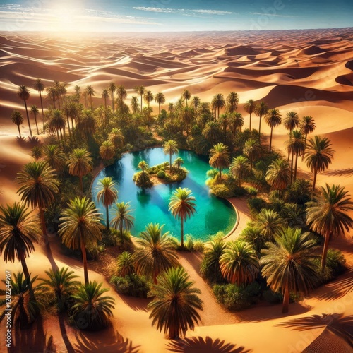 A lush oasis with a shimmering pool of water surrounded by palm trees in the heart of a vast, golden desert under a clear blue sky photo