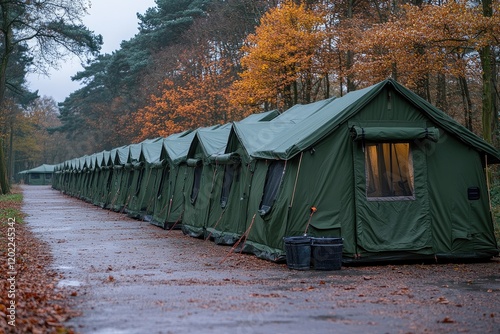 Military Tents Lined Up In An Autumn Forest photo