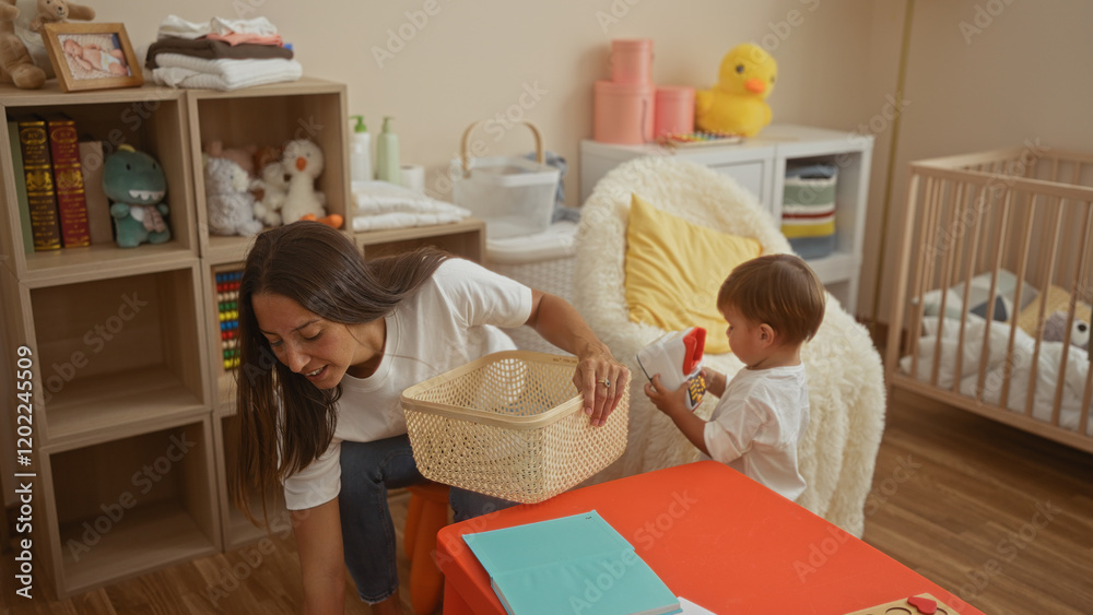 Obraz premium Woman and son play in cozy bedroom with toys and books, creating an intimate family moment indoors.
