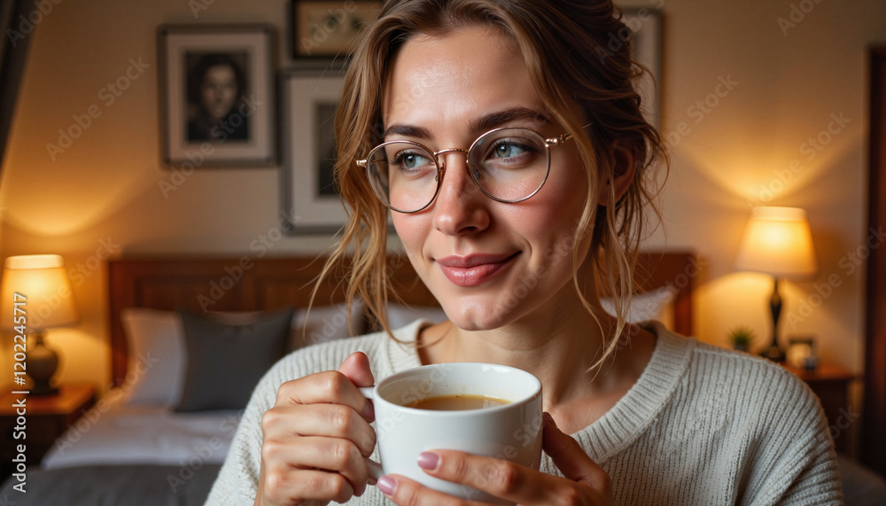 Woman holding coffee cup in cozy bedroom with warm lights Woman holding coffee cup in cozy bedroom with warm lights