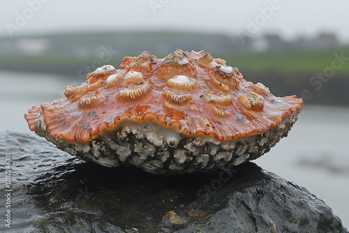 Orange and white spiny sea shell rests on dark rock photo