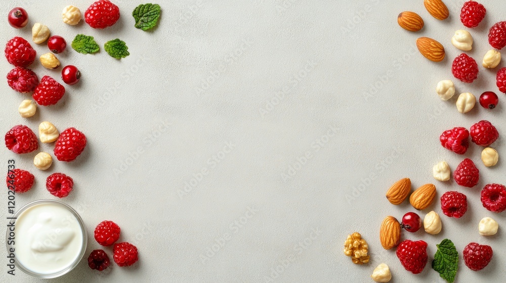 Raspberries Almonds and Hazelnuts on Light Background with Cream Dip Small Fruit Nut Food Arrangement. Raspberries Almonds and Hazelnuts on Light Background with Cream Dip Small Fruit Nut Food Arrangement.