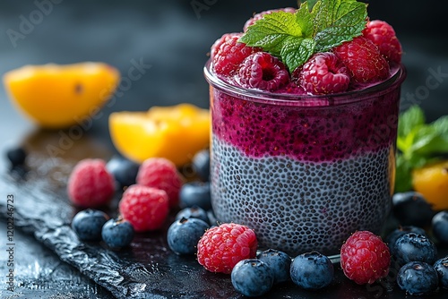 Layered Chia Seed Pudding with Raspberries and Blueberries photo