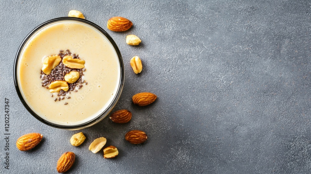 Smooth Cream Beverage with Nuts and Seeds on a Textured Gray Surface. Smooth Cream Beverage with Nuts and Seeds on a Textured Gray Surface.