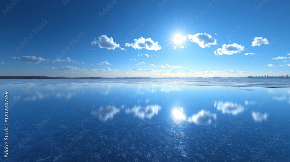 Calm winter lake, sunlit sky, snowy shore, serene landscape, travel Calm winter lake, sunlit sky, snowy shore, serene landscape, travel