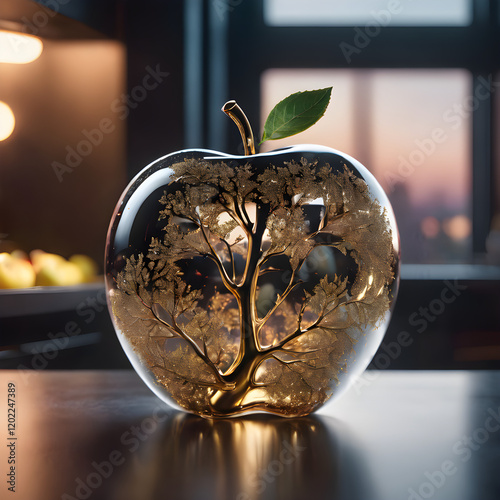 A polished glass apple, rendered with high-fidelity reflections and a luminous glow, stands out against a dimly lit background. Advanced texturing and lighting techniques enhance its black and white h photo