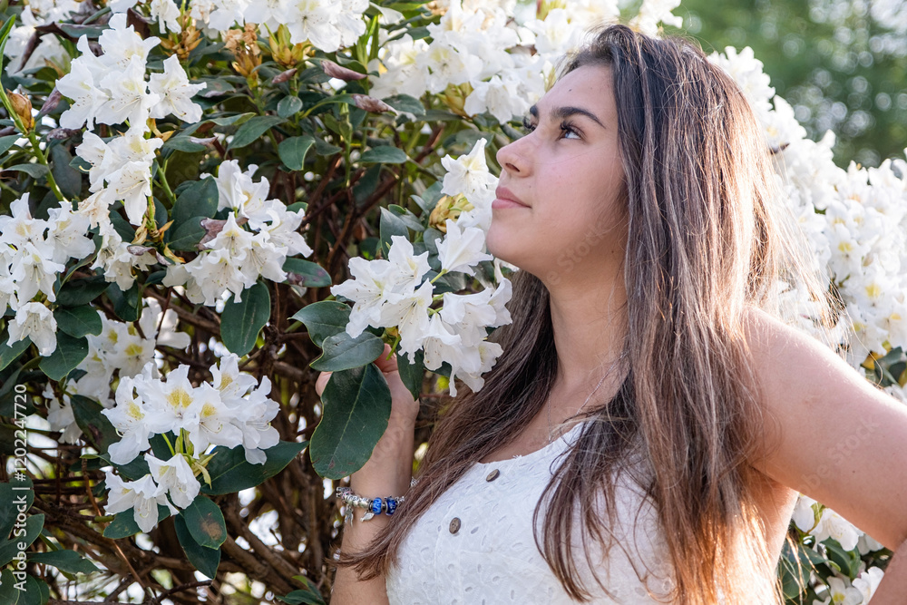 Fototapeta premium beautiful young woman wearing white summer dress surrounded by white rhododendron blossom