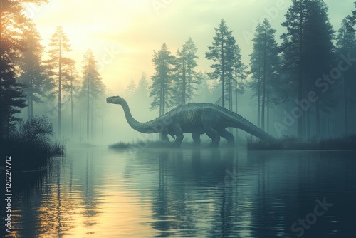 Prehistoric Sauropod Dinosaur in Misty Forest Lake photo