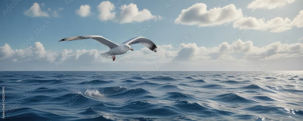 A white seagull glides effortlessly over the vast expanse of blue ocean , sea spray, blue waters