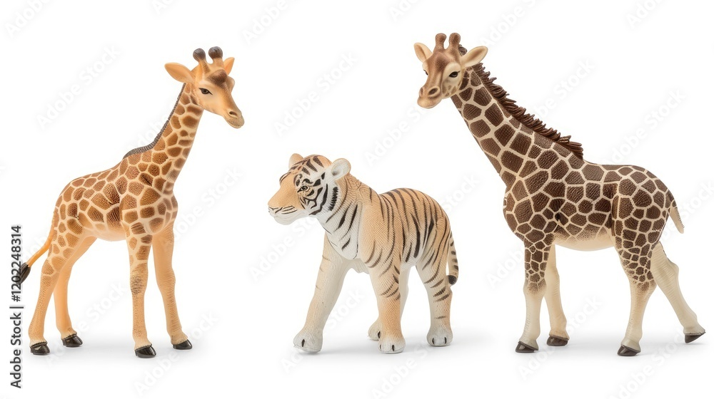 Obraz premium In a studio setting, three intricately designed plastic toy figurines are displayed against a white background