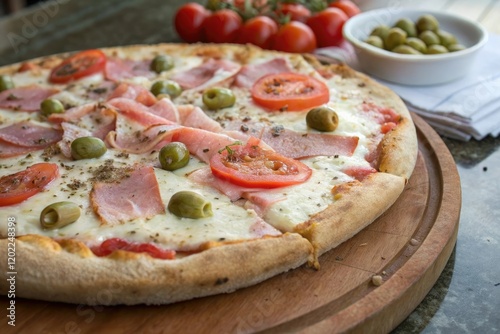 A whole pizza pie adorned with a thick crust topped by layers of melted mozzarella, sliced ham, and green olives, along with chunks of fresh tomato on top, pizza, cheese, olives photo