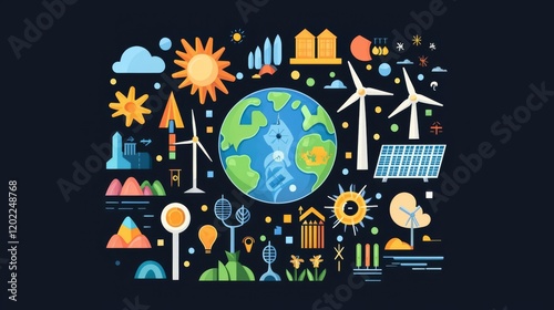 Colorful illustration of sustainable energy concepts.