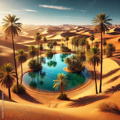 A lush oasis with a shimmering pool of water surrounded by palm trees in the heart of a vast, golden desert under a clear blue sky photo