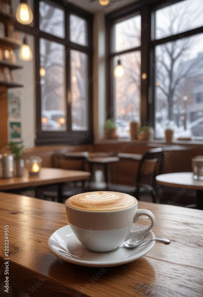 Fototapeta premium A winter morning scene in a coffee shop with a steaming hot cappuccino, steam rising, cozy atmosphere, holiday theme