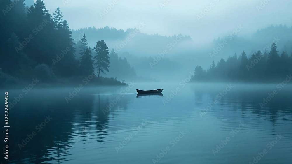 Misty Lake Serenity with Small Wooden Boat Floating in the Lake Misty Lake Serenity with Small Wooden Boat Floating in the Lake