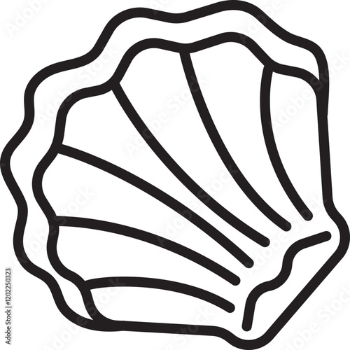 Black line shell, vector monochrome nautical illustration, editable stroke sign, opened seashell, outline mollusk