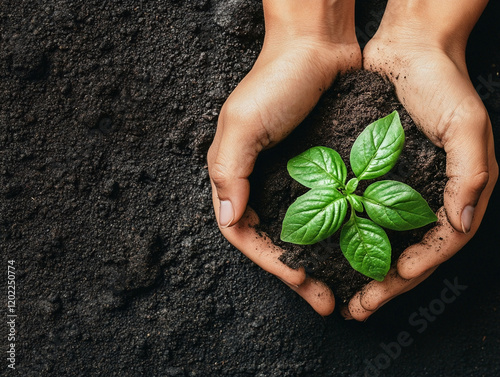 Hands Holding Basil Plant in Soil