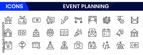 Event planning line icon set. Planning, decoration, venue, catering, timeline, music, guest etc.