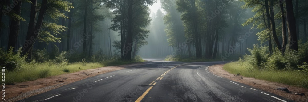 A worn asphalt road winding through a dense forest, wilderness, dirt A worn asphalt road winding through a dense forest, wilderness, dirt