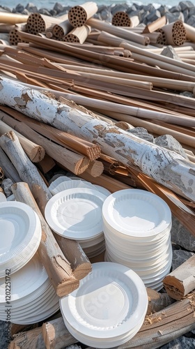 Used paper and plastic plates along with wooden sticks are seen in a garbage bin, highlighting the negative impact of waste production on the environment during vacations or picnics photo