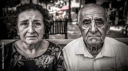 A couple sitting on a park bench, their nostalgic eyes reminiscing about their younger days spent together. photo