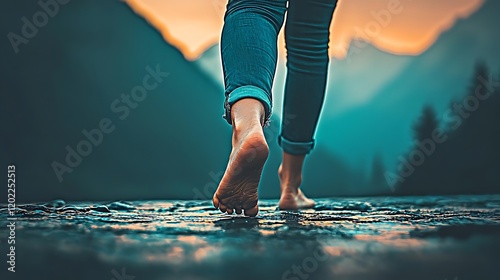 A person walking barefoot along the beach at sunset, their peaceful, satisfied eyes reflecting a sense of tranquility.