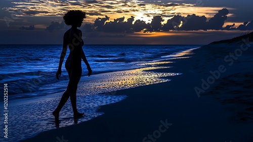 A person walking barefoot along the beach at sunset, their peaceful, satisfied eyes reflecting a sense of tranquility.