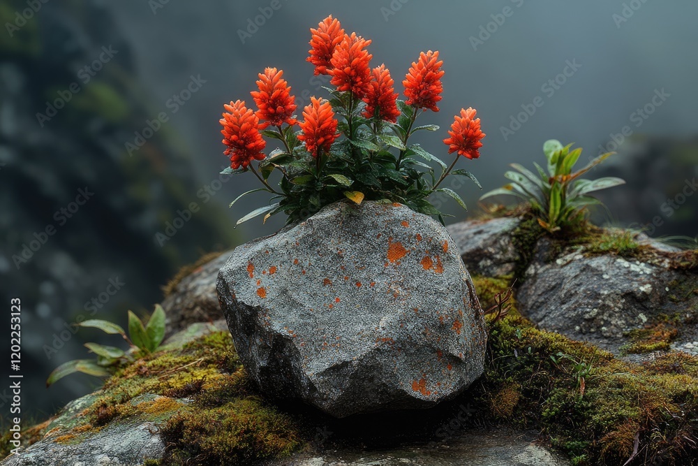 Vibrant Orange Flowers Atop a Mossy Rock Vibrant Orange Flowers Atop a Mossy Rock