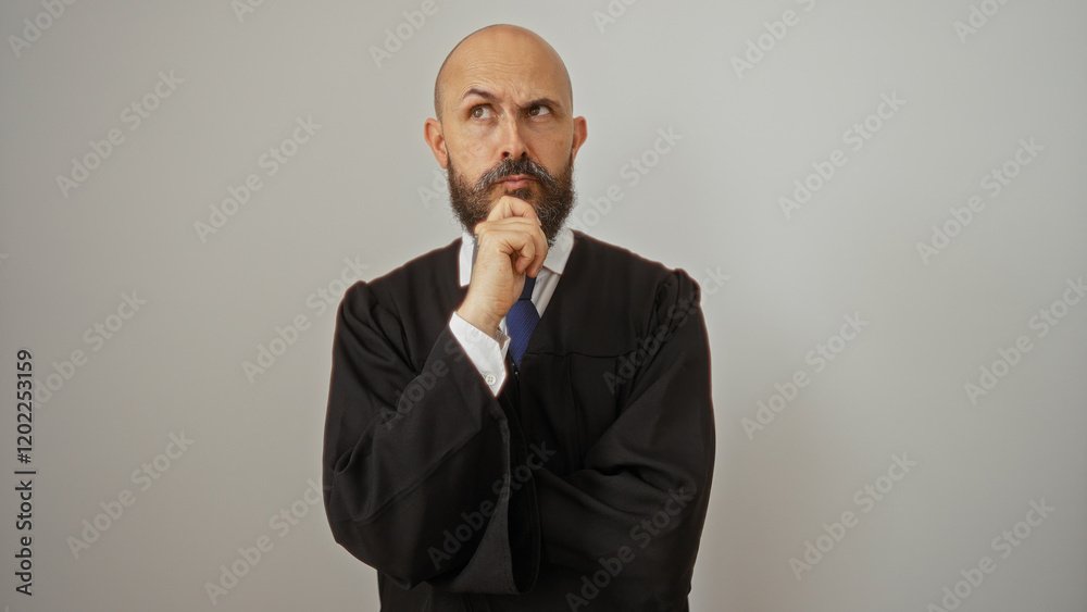 Hispanic man pensively posing with a thoughtful expression against an isolated white background wall, wearing formal attire with a beard and bald head. Hispanic man pensively posing with a thoughtful expression against an isolated white background wall, wearing formal attire with a beard and bald head.